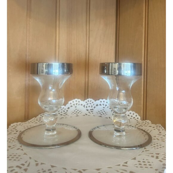 Vintage Dorothy Thorpe Style Clear Glass Silver Trim Taper Candle Holders MCM - Picture 2 of 4